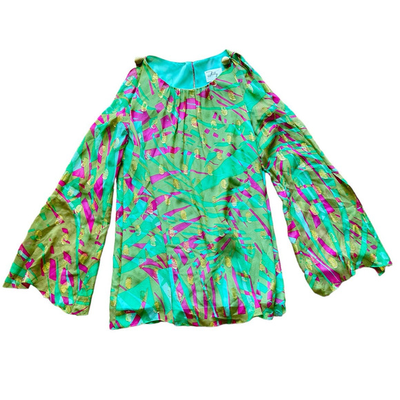 Milly New York Tropical Resort Silk Blouse Size 2 Green Pink Gold - Picture 1 of 6